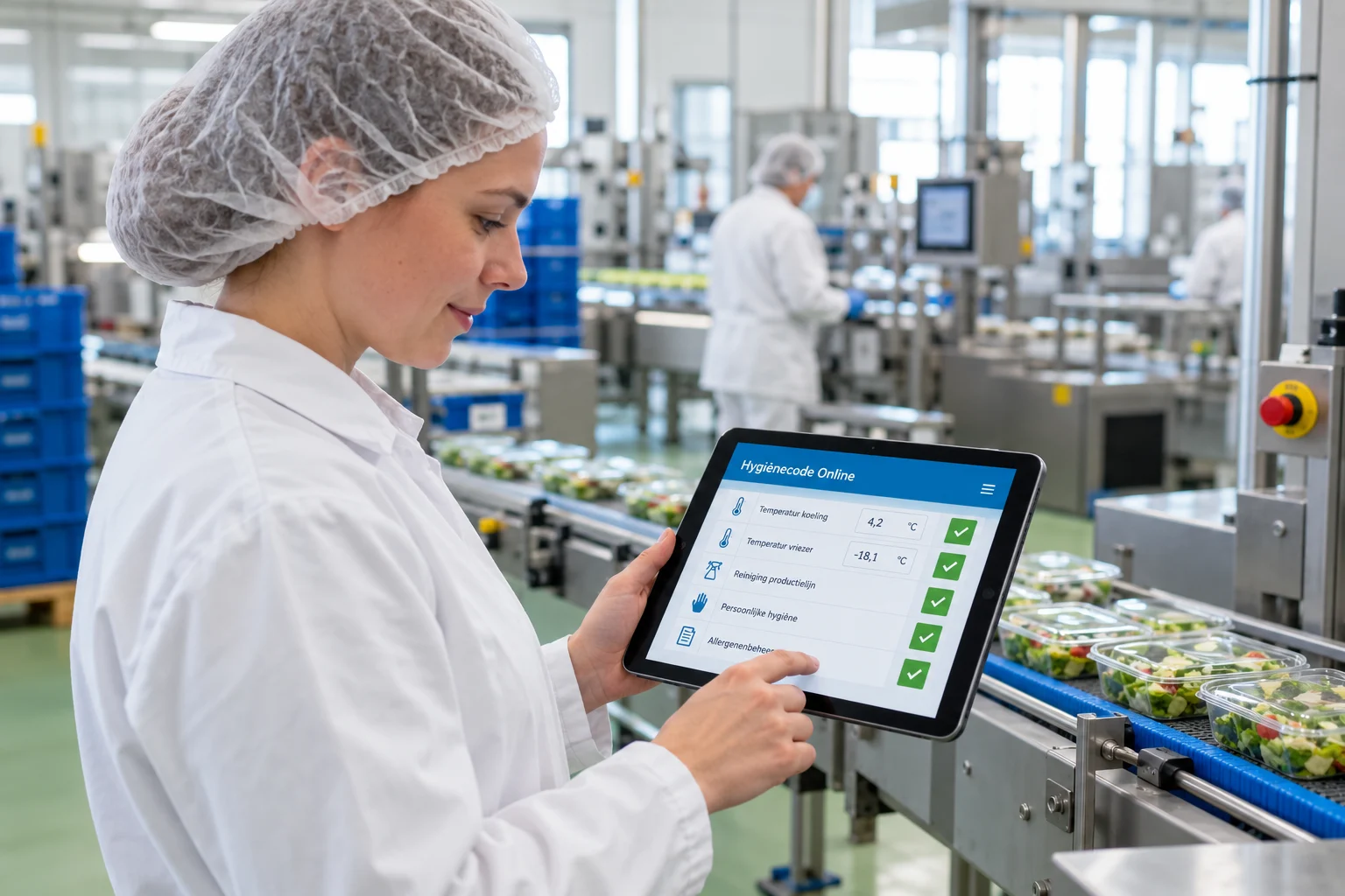 Medewerker in voedingsfabriek registreert controles op tablet